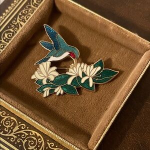 Vintage Fish Enterprises Cloisonné Style Hummingbird & Flower Enamel Brooch